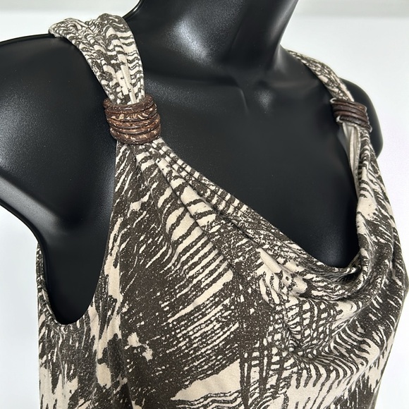 KENNETH COLE Boho Tank Top Wood Ring Straps Beige Olive Print Women’s Medium - Picture 6 of 16